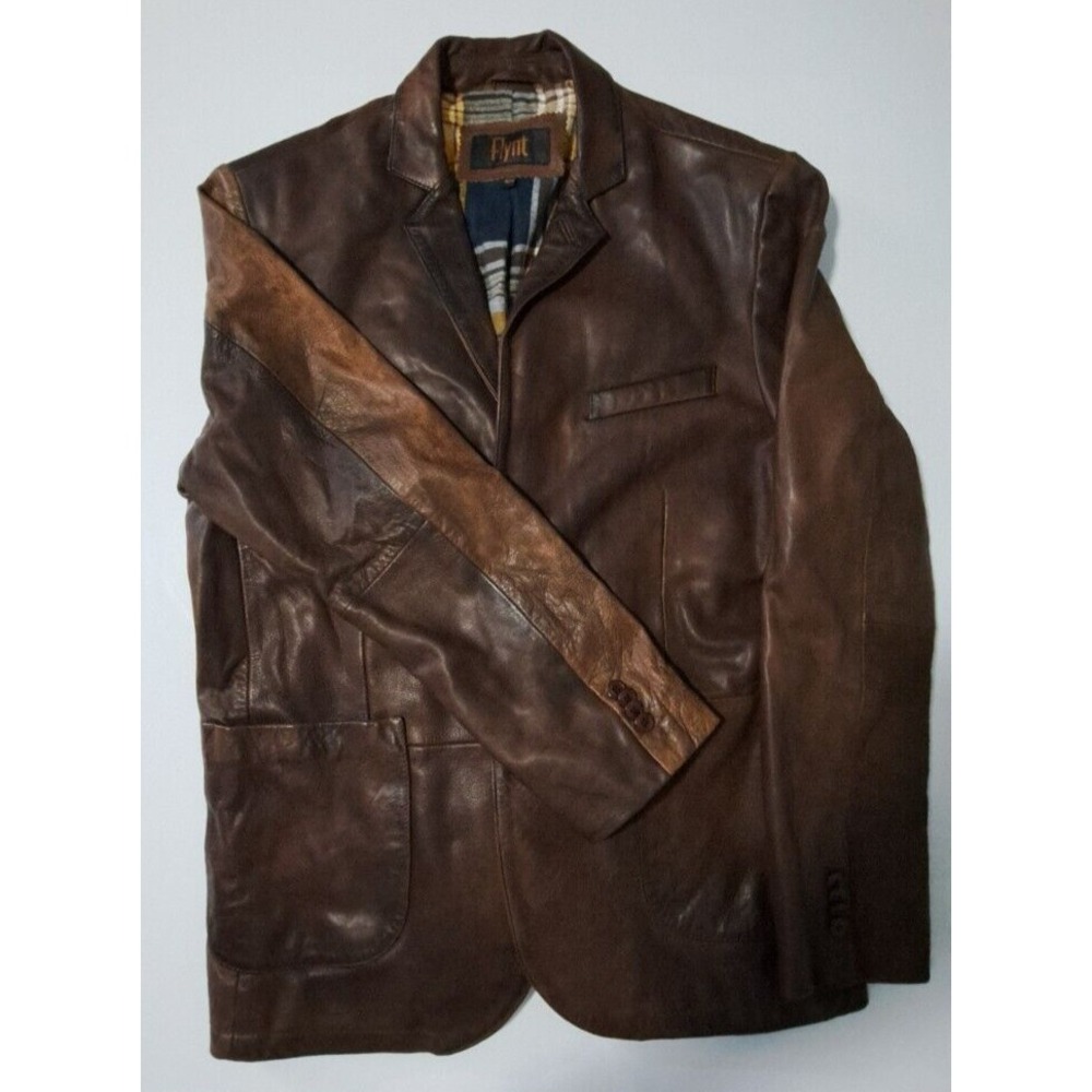 Flynt Soft Leather Blazer Jacket Mens Size 42 R Brown Button Up Fabric Lined